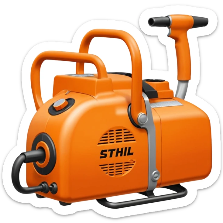 Motorsäge vom STIHL mit grauem Gehäuse, orangenem Deckel und schwarzen Griffen sticker