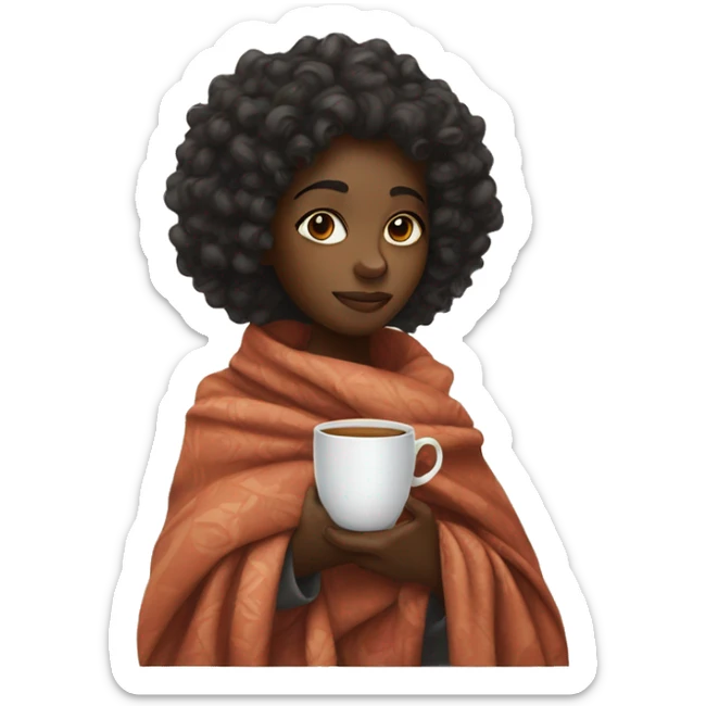 a black girl with curly hair wrapped in a blanket with a cup of tea sticker