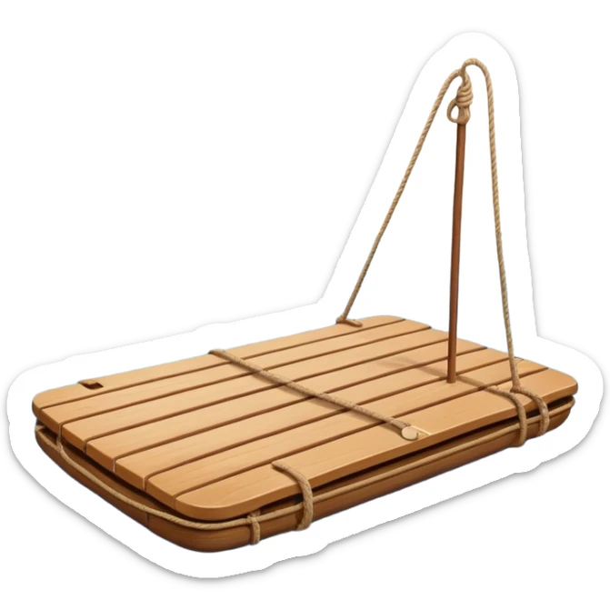 showing a simple wooden raft floating on calm blue water — made of several brown logs tied together with rope — gentle ripples around it — bright, cheerful lighting and soft shadows — minimalist, clean emoji design sticker