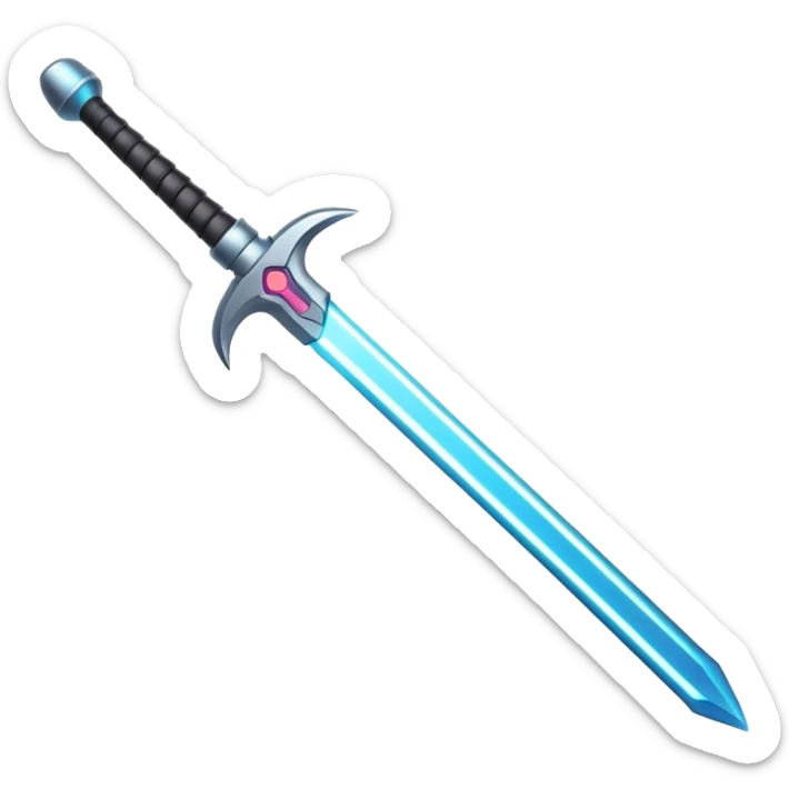 Clash of Clans aesthetic: Cinematic Playful Laser Sword Emoji, rendered in a 3D vector-style similar to standard emojis with minimal shading and bold, simplified shapes. A compact, vibrant energy blade with a neon-hued, glowing edge and futuristic hilt, softly glowing with a radiant cosmic charm. Simplified yet unmistakably iconic, highly detailed and consistent, glowing with a soft pulsating brilliance and high shine. Stylized with a touch of interstellar elegance and a soft glowing outline, capturing the essence of a legendary energy blade with a friendly, playful manner! sticker