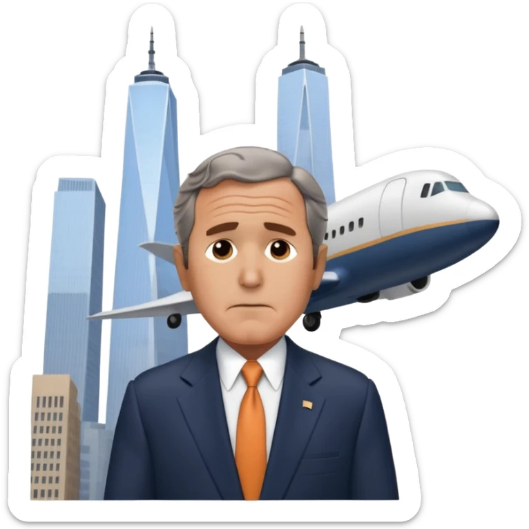  emoji of the world trade center with a plane crashed into it and george bush on a phone in front of it sticker