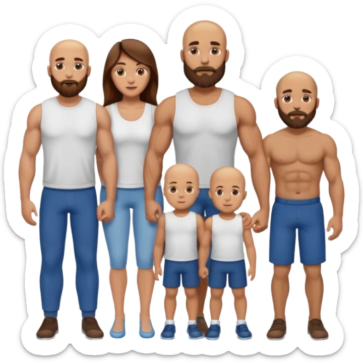 Muscular Bald beard men with his wife long brown hair and 3 sons sticker