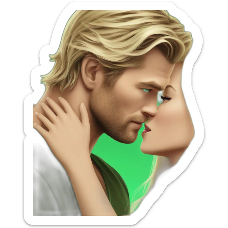 Chris hemsworth kiss blond woman with green eyes amd very very very long hair sticker