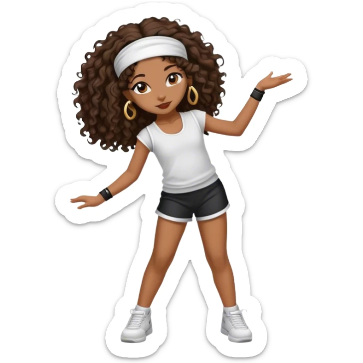 Dancing brown girl with long darn brown curly hair with headband hip hop sticker