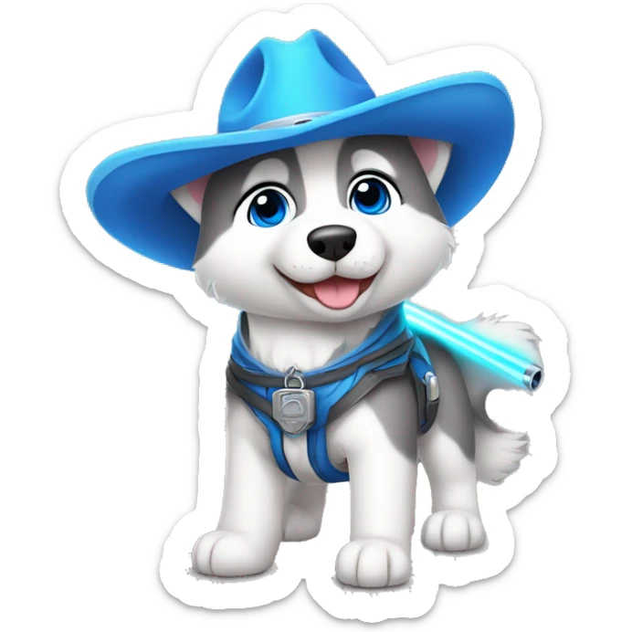 Gray Siberian Husky with blue eyes puppy wearing a cowboy hat dressed in Jedi clothing Holding a Lightsaber On leash  sticker