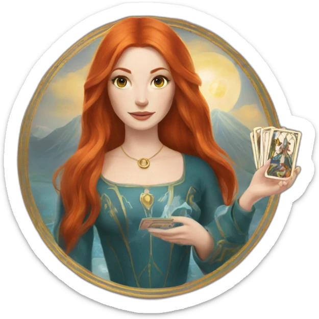 redhead white woman medium long straight hair, holding a tarot card in her hand sticker