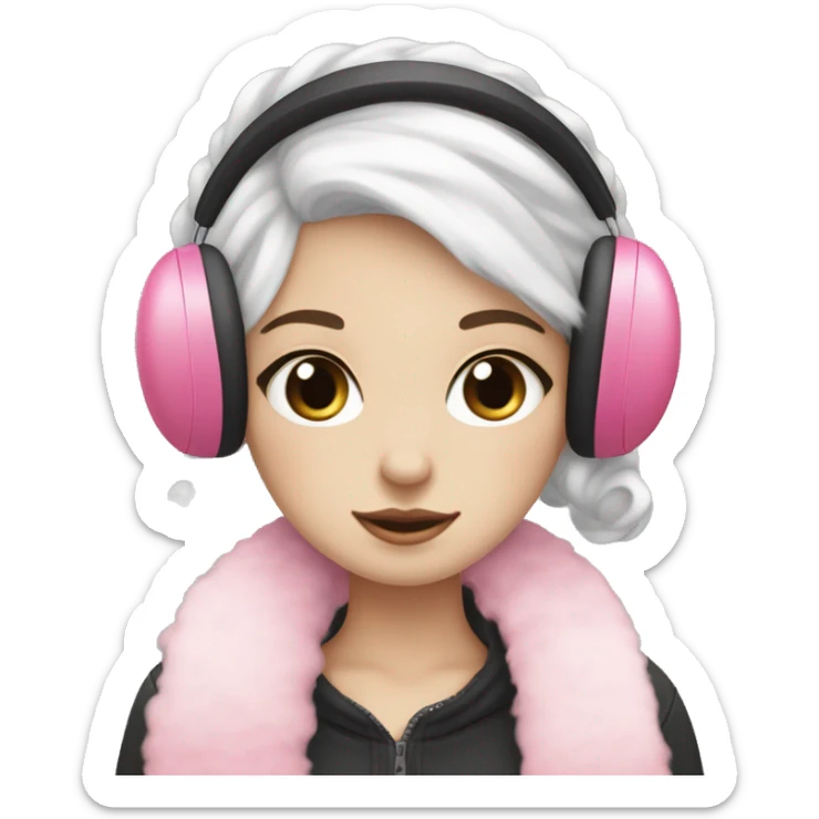 pale girl blushy with black blow out hair and a pink scarf with white fluffy earmuffs sticker