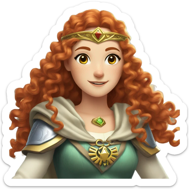 a white girl with long red curly hair and freckles, cosplaying Princess Zelda posing and smiling sticker