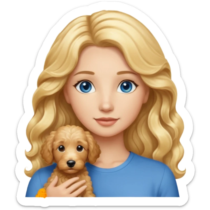 Long blonde hair, blue eyed woman with wavy blond goldendoodle sticker