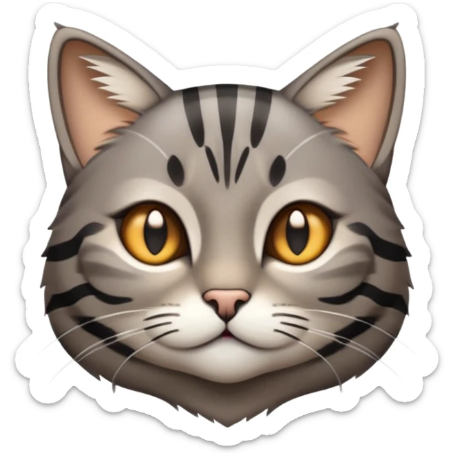 cinematic-cute-grey-and-black-brown-tabby-cat-portrait-emoji,-head-tilted-playfully-and-inquisitively,-sleek-grey-brown-fur-with-bold-black-tabby-stripes-and-a-distinctive-m-shaped-marking-on-the-forehead,-sparkling-amber-eyes,-simplified sticker