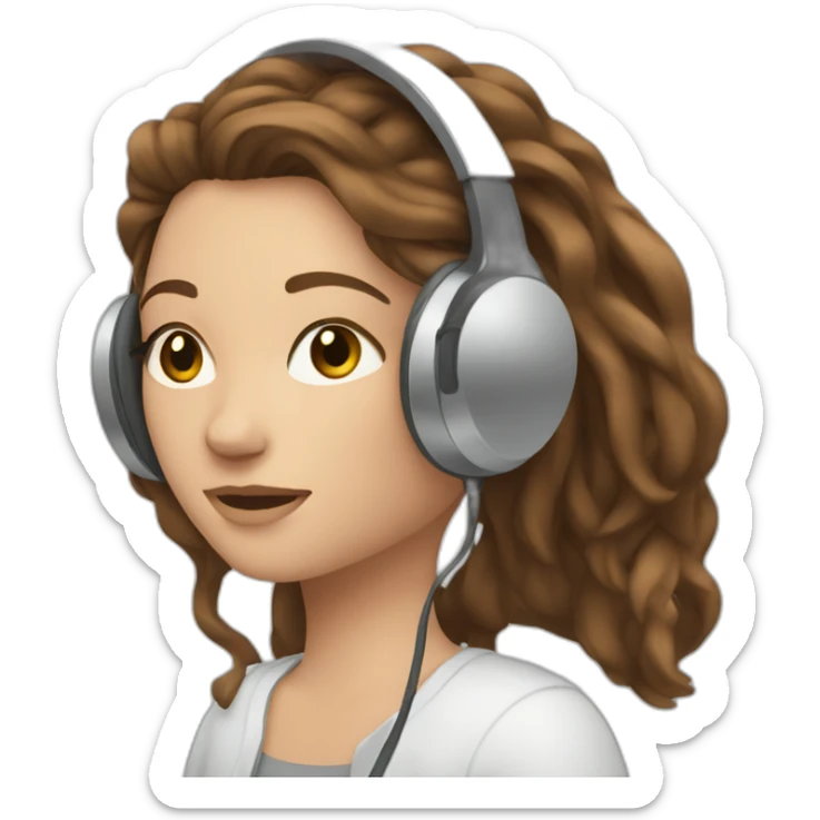 young white woman, brown hair with reflections wearing headphones and editing in computer sticker