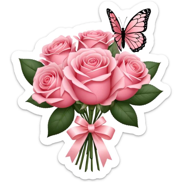 "A bouquet of Blush Red roses tied with a flowing Rose Quartz silk ribbon, exuding soft elegance. A delicate Carnation Pink butterfly rests gently on the petals, adding a whimsical touch." sticker