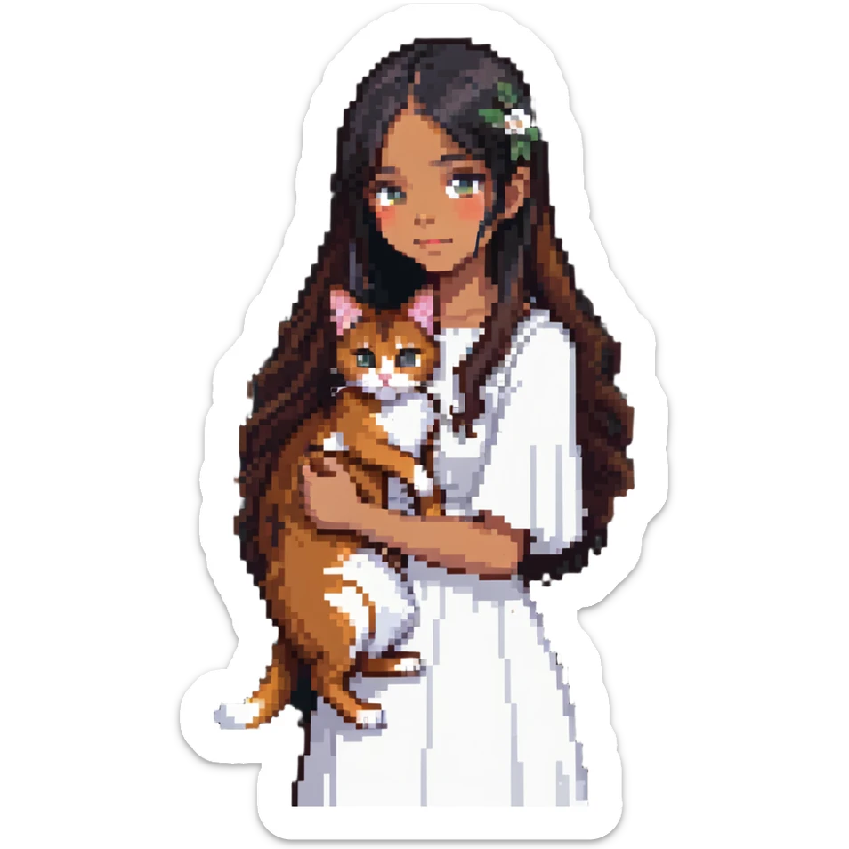 beautiful girl with long black hair wearing a white dress holding an Abyssinian cat with reddish-brown fur in her arms sticker