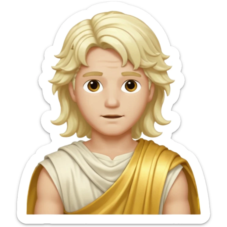 Apollo from The Olympians with long platinum blonde wavy hair, gold toga  sticker