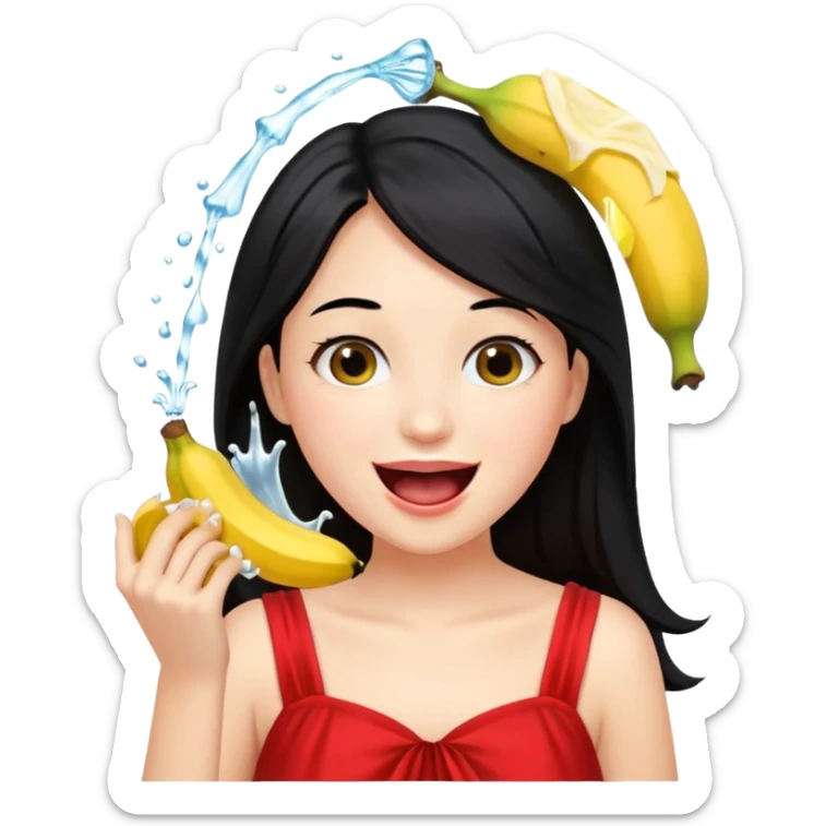 a girl with black hair and red dress rinsing mouth with pale yellow water coming out from a banana above her head sticker
