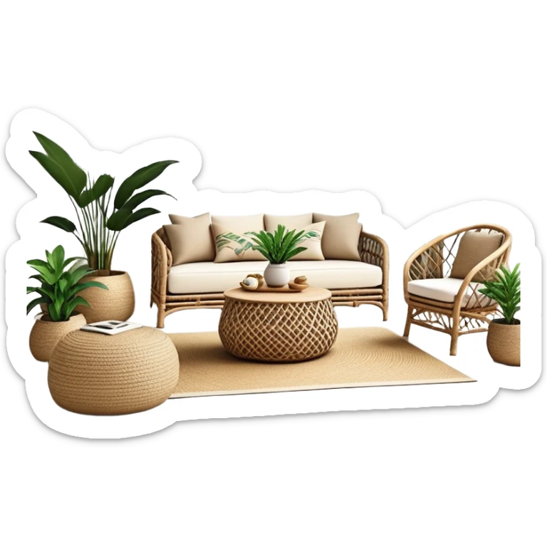modern boho living room with many indoor plants, rattan furniture, white walls, and natural light sticker