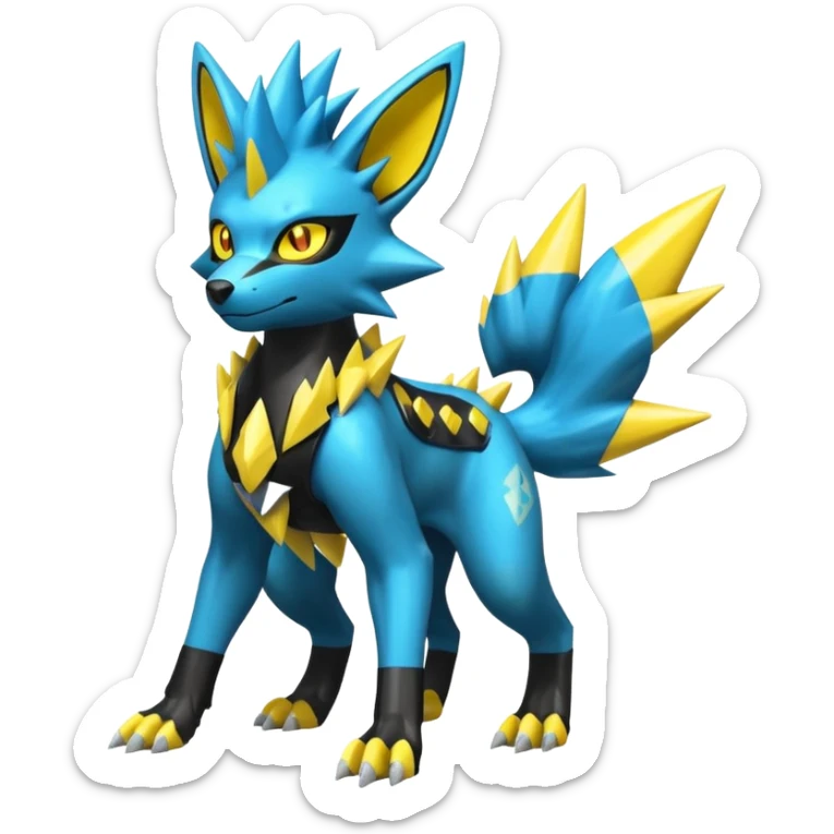 Shiny badass cool edgy spikey fluffy realistic cyan yellow white electric complex futuristic Zeraora-Luxray-Electrike-Umbreon-Manectric-Weregarurumon-fusion-creature (full body) (4 legs) sticker