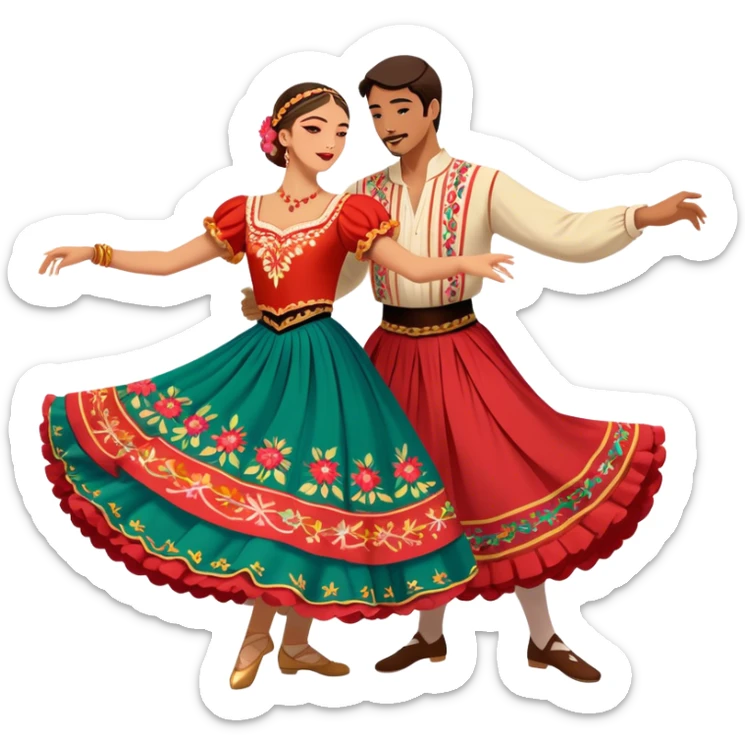 Cinematic Realistic scene of two dancers performing the Tarantella, dressed in vibrant, flowing traditional costumes with detailed embroidery and dynamic skirts, captured in festive motion with warm, lively lighting sticker