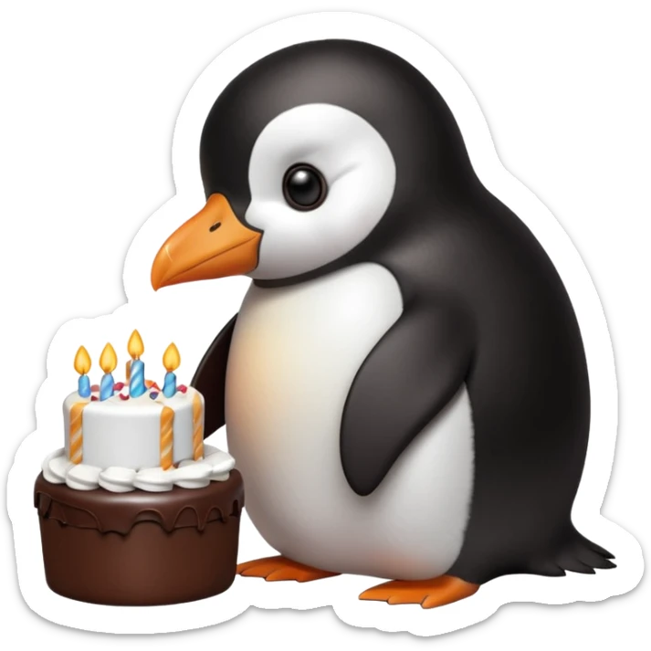 A penguin standing near a cake, feeling shy from a surprise celebration, portrait, bust up sticker