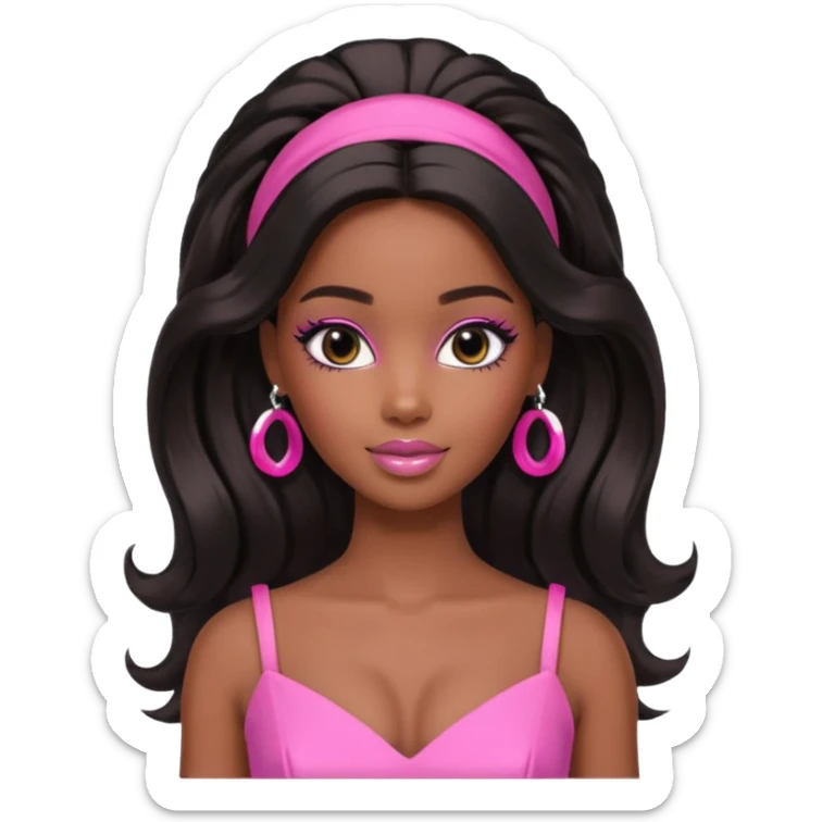 black barbie. half up half down hair, pink dress, perfect makeup and super pretty sticker