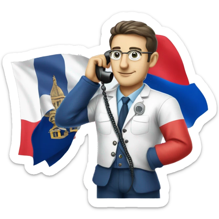 Einchtein dressed in scientific french color with french foutfit making a phone call on a flip phone and a french flag in the other hand sticker