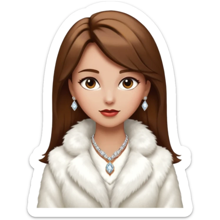 * Character: A stylish lady,brown hair
* ﻿﻿Clothing: A luxurious white fur coat
* ﻿﻿Accessories: A dazzling diamond necklace
* ﻿﻿Expression: Confident, elegant, maybe slightly glamorous
* ﻿﻿Pose: Head slightly tilted or a poised posture
* ﻿﻿Style: Emoji-like, simple but expressive sticker