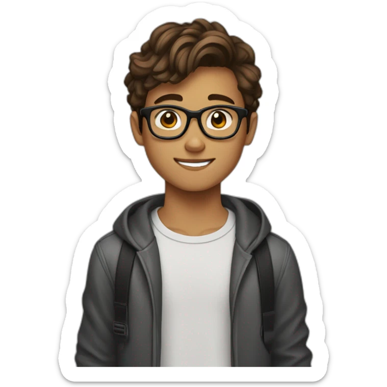 A 15 year old boy with brown hair, brown eyes and black glasses and it's a content creator who talks about technology sticker