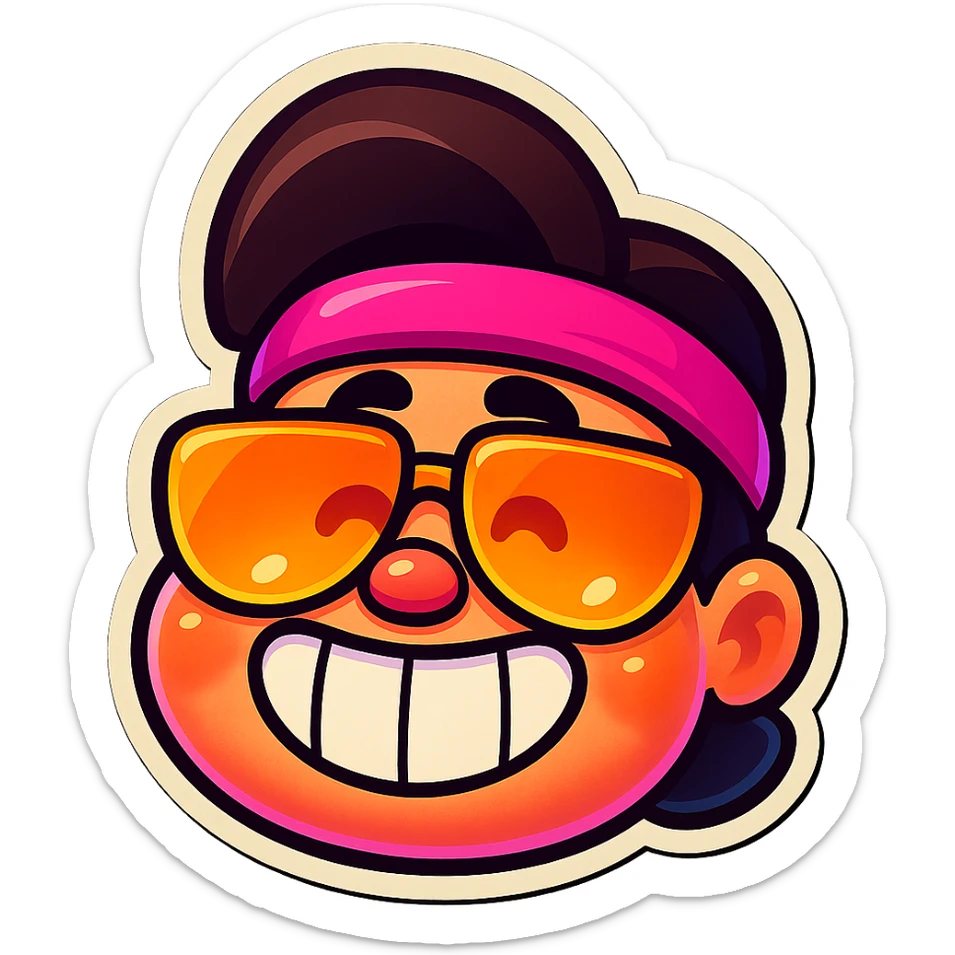 Create a cute and expressive emoji of the Brawl Stars character with a big smile, sunglasses, and pink headband. Keep the character's joyful expression and style, with a simple or transparent background. Use the retro stickers style for a vibrant and playful look. sticker
