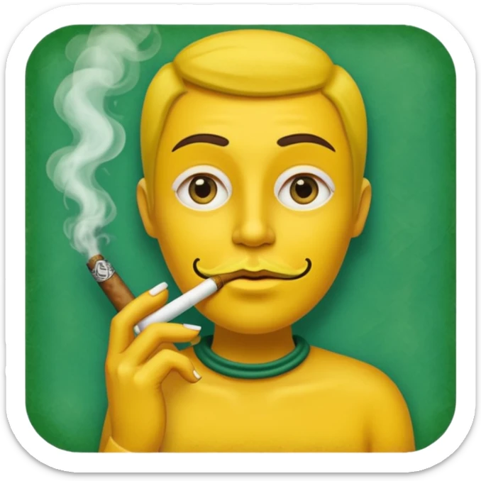 Hazme una carita amarilla aturdida con un cigarro en la boca soltando humo, el cigarro es de papel de liar y dentro está relleno de un tabaco verde sticker