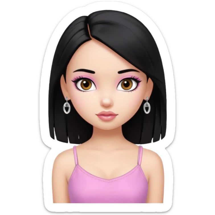 generate a pretty bratz girl with a pink cami top, straight black hair, silver jhumkas on sticker