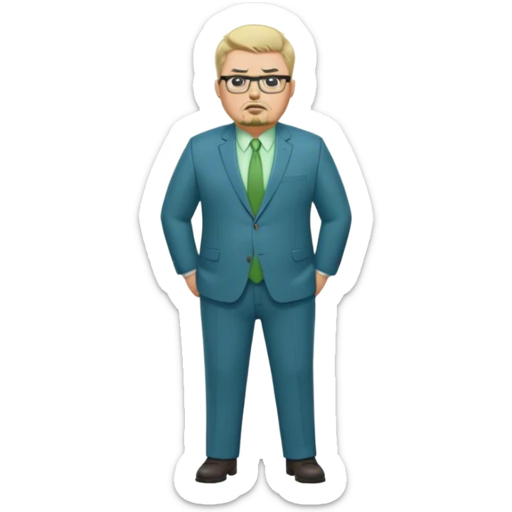 Full Body white male plus size wearing glasses with a goatee with lihu blonde and gray very short hair angry head Coach in blue and green suit sticker