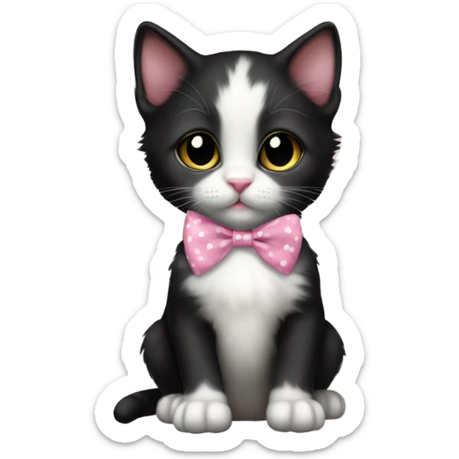 Baby Full body Tuxedo kitten with a pink polka dot ribbon Hazel eyes sticker