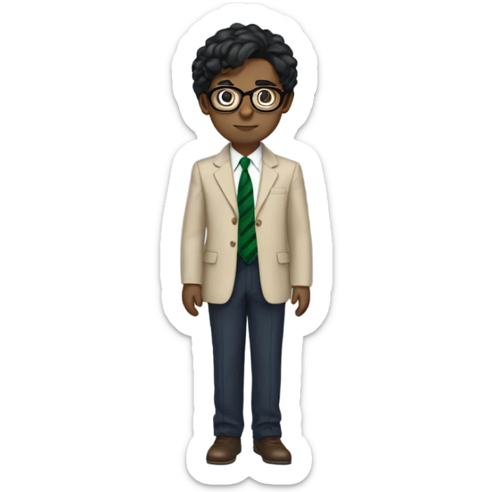 Hair: Messy, medium-length black hair covering the ears and forehead. Outfit: A formal school uniform featuring a white shirt with an open collar, a green striped tie, a navy sweater underneath, and a beige blazer on top. Skin color white. Glasses sticker