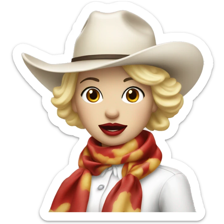 cowgirl with a white hat and white ASCOT scarf and blonde short hair with red lipstick eating hotdog sticker