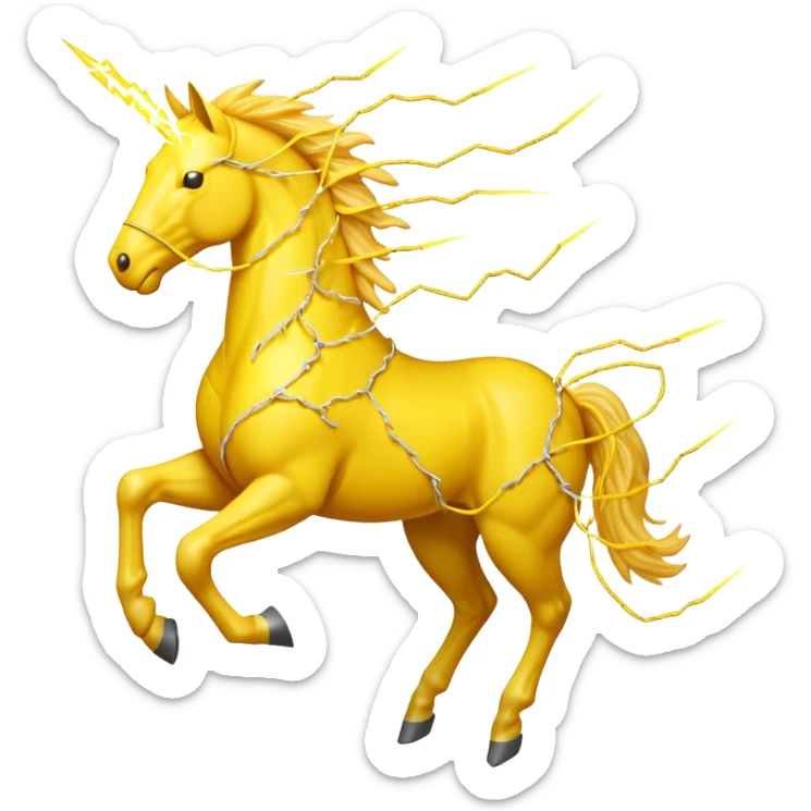 A yellow horse made entirely of crackling electricity, with visible yellow wires, lightning bolts shooting off its body, and a dynamic galloping pose. sticker