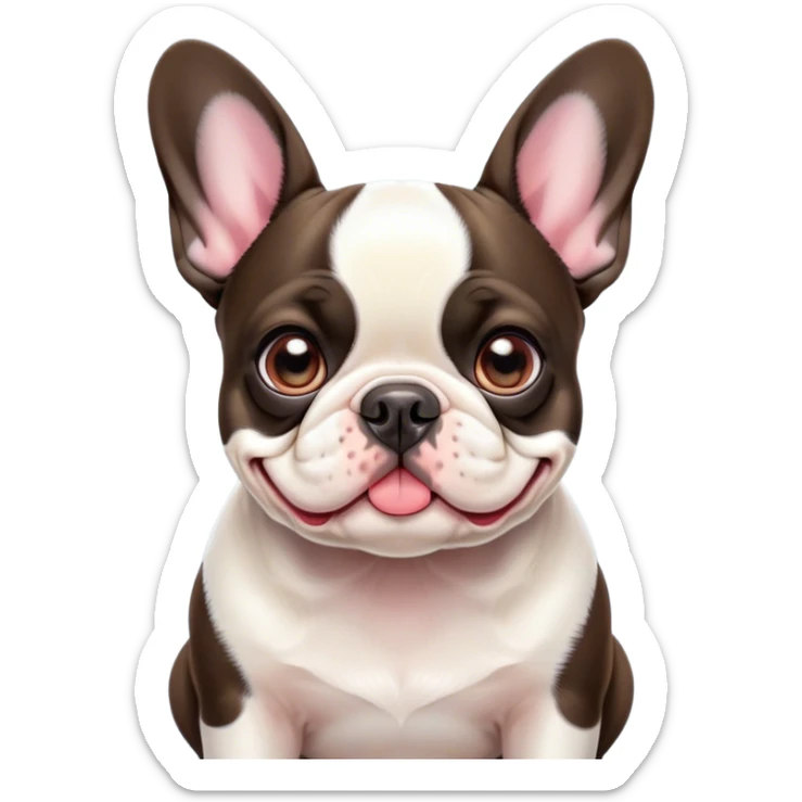 Cinematic Cute Pied French Bulldog Portrait Emoji, Head tilted with a sweet, mischievous grin and large, inviting eyes, featuring a unique pied fur of contrasting colors, simplified yet irresistibly endearing, highly detailed, glowing with a warm, playful radiance, high shine, exuding a quirky charm and affectionate personality, styled with a soft, lighthearted outline, capturing the essence of a cute Pied French Bulldog that looks ready to charm its way into your heart! sticker