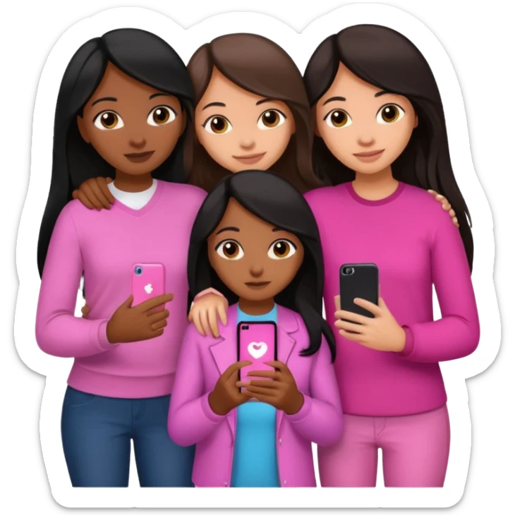 3 brown girl friends with a phone on their hand, one with black long hair light skin,  one with brown hair long and the other one with black with brown medium length hair . Wearing pink glammed up and hugging  sticker