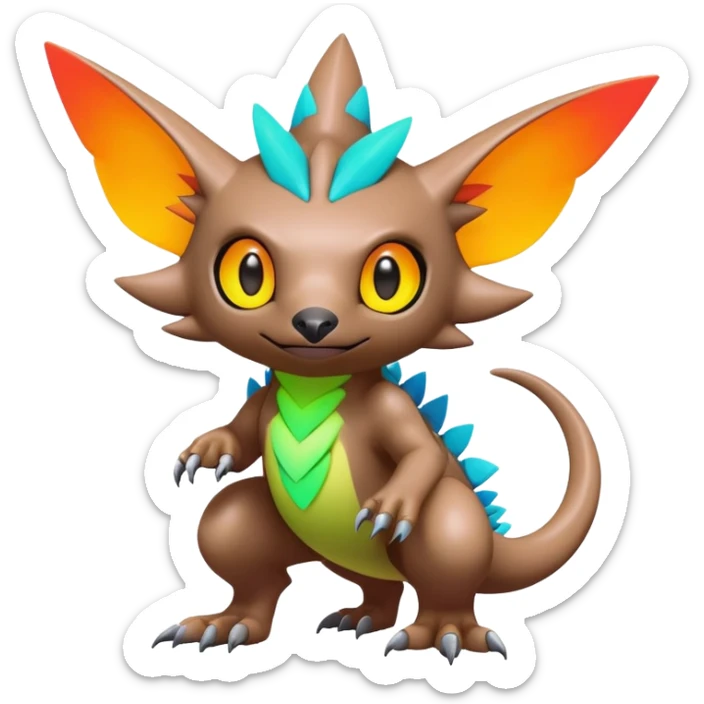 Tropical futuristic lush warm-colored modern colorful neon-colored Fakémon-Digimon-Trico-Vernid-creature sticker