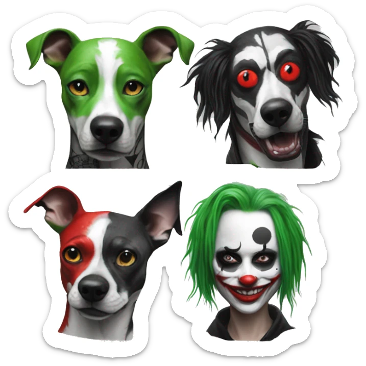 Punk Green gray black red punk dog joker Harley Quinn mime clown facepaint tattoos punk lurcher surrealism  sticker