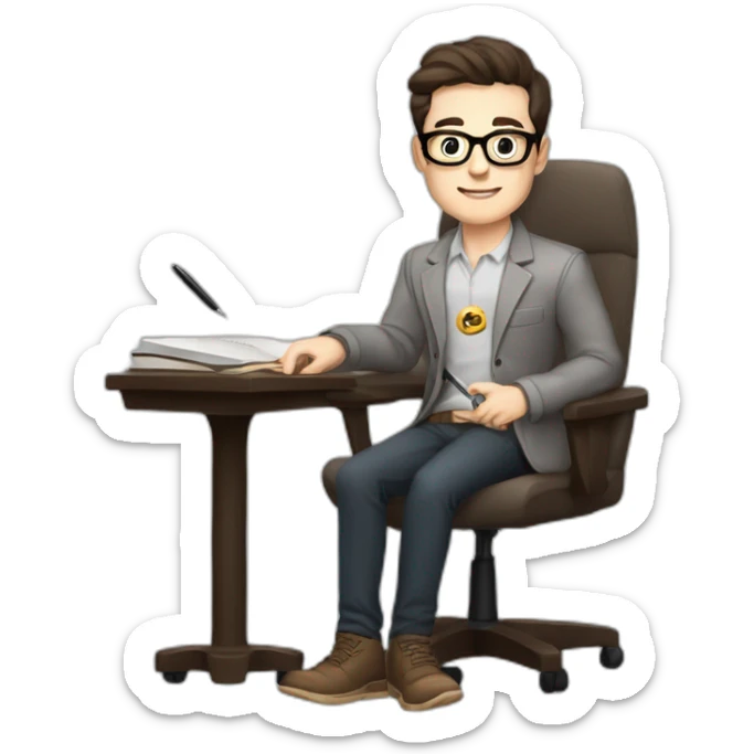 Pale skinned Fit Man With dark brown hair in gray jacket with emblem Ψ, beige office shirt and vintage glasses sitting In a soft chair with a notebook and a pen in his hands sticker