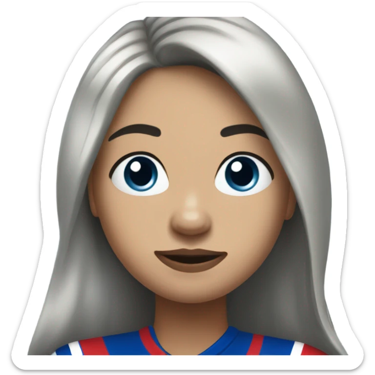 Girl with long black hair, circle face, wearing buffalo bills jersey sticker