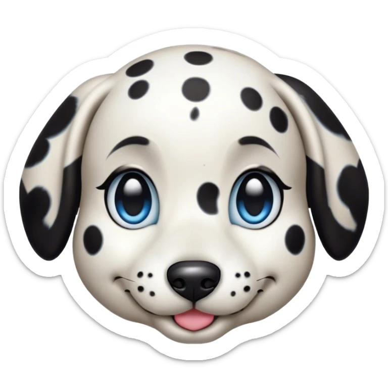 Cinematic Cute Harlequin Dalmatian Portrait Emoji, Head tilted playfully and inquisitively, featuring a glossy Fur of predominantly white with dynamic black patches, round, sparkling blue eyes filled with gentle curiosity, Simplified yet irresistibly adorable features, highly detailed, glowing with a warm, friendly glow, high shine, affectionate and gentle, stylized with a touch of whimsy, bright and endearing, soft glowing outline, capturing the essence of a mischievous yet loving pup, so playful it feels like it could lumber out of the screen and into your arms! sticker