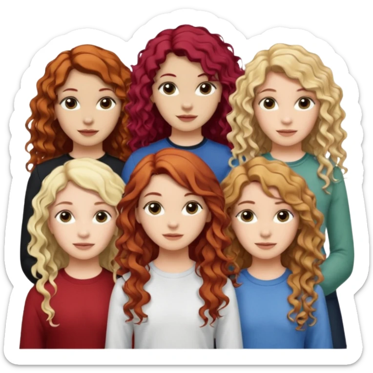 5 girls. The 1st girl has curly read hair. The 2nd girl has dyed blonde hair with brunette roots and she had mid-length hair that is wavy. The 3rd girl has long wavy brunette hair. The 4th girl has mid-length straight brunette hair. The 5th girl has black hair that is mid-length and wavy. sticker