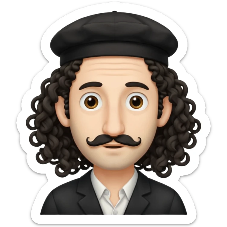 jewish jew man's face, wearing a tiny black kippah and 2 curly long hair strands near the ears, big nose, only face, no body, no mustache sticker