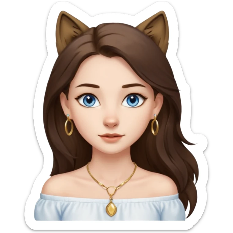 A pretty white girl with brunette hair blue eyes  thin gold hoop earrings and a matching gold necklace in a white shirt that cuts off the shoulders her hair is long and she has a wolf cut sticker