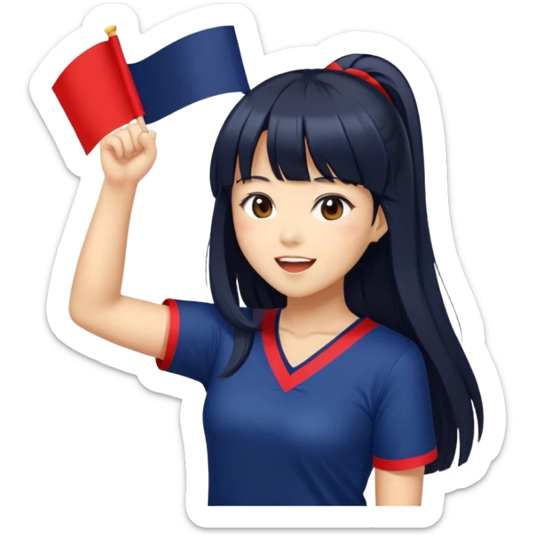 East Asian woman with long black straight hair and bangs wearing Doosan Bears team colors navy blue and red, cheering sticker