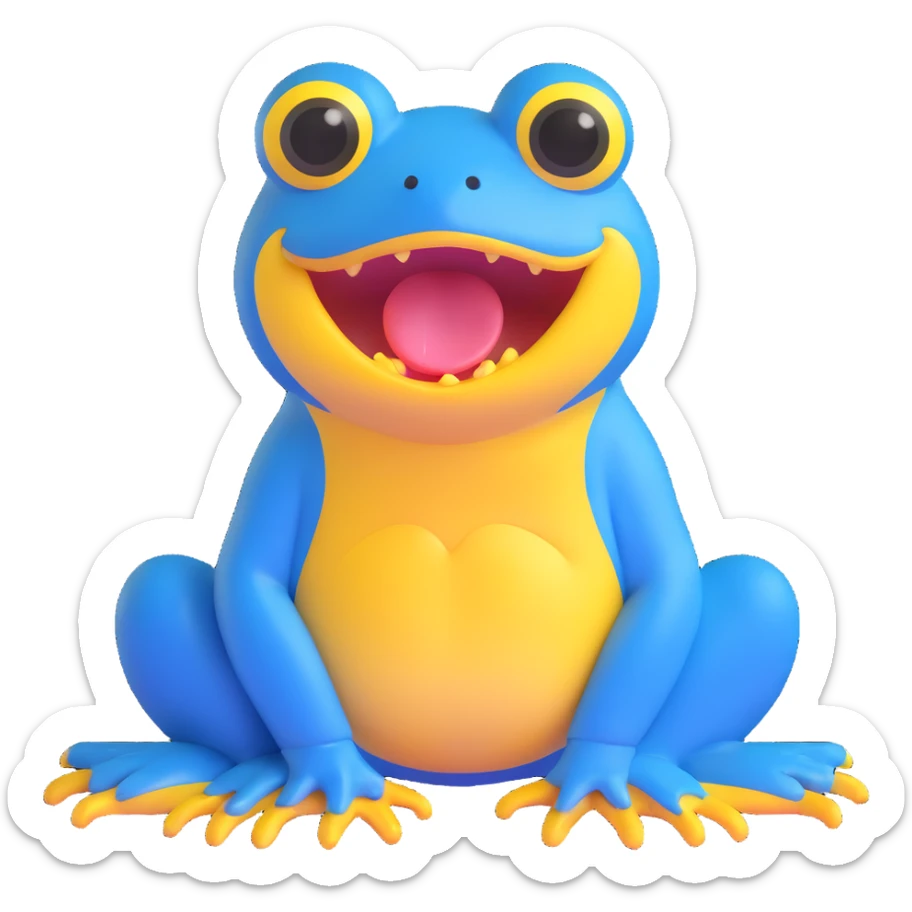 blue frog with a big yellow mouth and wide eyes, sitting, looks silly and sweet, suitable for kids, daily expression, circle time helper sticker