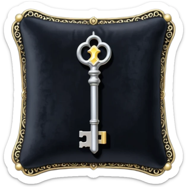 A Discord emoji of a black velvet cushion holding a glowing silver key. Ornate, royal gothic style, simple and clean for small scale, white background. sticker