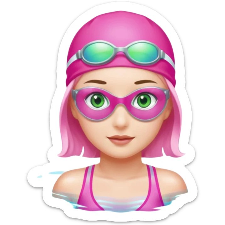 pretty girl with green eyes pink swim cap holographic swimming glasses and cute profesional swimmer pink swimsuit without her hair visible swimming sticker