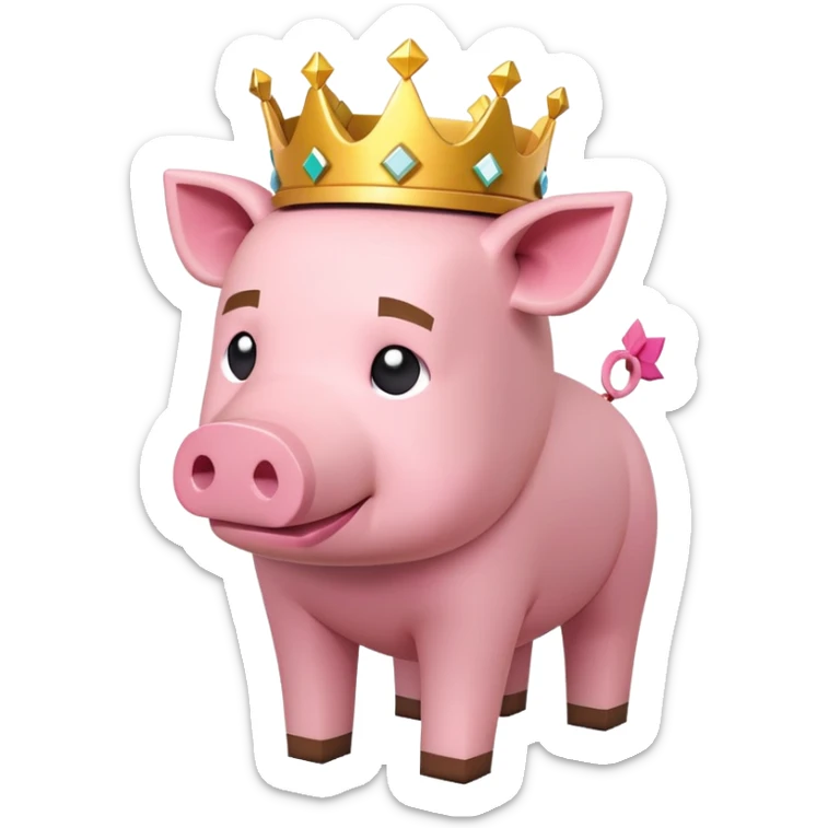 Minecraft pig full body pink blocky animal with square head wearing a crown sticker